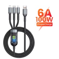 Ecily 6A 3 trong 1 màn hình hiển thị kỹ thuật số cáp 100W sạc nhanh micro USB Loại C Cáp dữ liệu cho