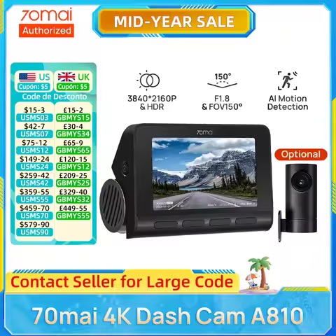 70mai 4K Dash Cam A810 Starvis 2 IMX678 HDR Car DVR 150Β° FOV ADAS GPS AI Motion Detection Camera Rec