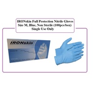 Ironskin Full Protection Nitrile Gloves, Size: M, Blue, Non-Sterile (100pcs/box) Single Use Only
