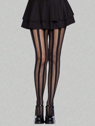 1入組女性加大號垂直條紋黑色緊身褲，哥德式風格，性感，中空，高腰，防勾絲薄絲襪，適合穿在裙子下面