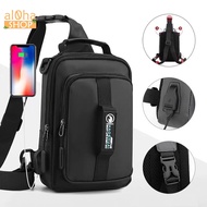 Waterproof multi-function crossbody bag, integrated USB charging cord, custom carrying strap for uni
