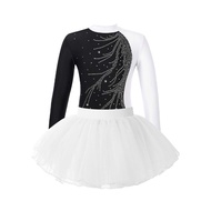 Kids Girs Rhinestone Long Sleeve Gymnastic Leotard with Tutu Skirt Set Ballet Dance Figure Ice Skati