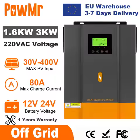 PowMr 1600W 3000W Hybrid Solar Inverter 12V 24V 220V Pure Sine Wave Inverter 1.6KW 3KW with MPPT 80A
