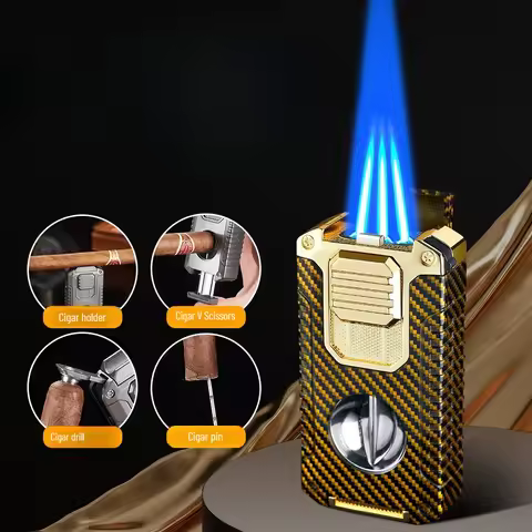 Creative Five-in-one Three-fire Direct Cigar Lighter, with V-shaped Cigar Cutters, Portable Multi-fu