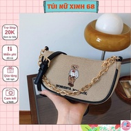Women's crossbody bag, handbag with cute embroidered bear pattern and luxurious gold chain Tuinuxinh