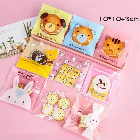 100 Pcs 10x10+3cm Lovely Cartoon Animal Printed Plastic Self-adhesive Bags Cookie Biscuits Snack Pac