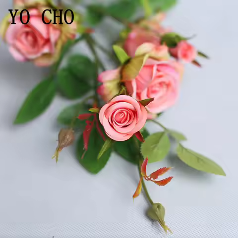 YO CHO Artificial Flower 5 Head Silk Rose DIY Flower Arrangement Long Stem Fake Rose Decor Wedding W