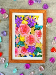 彩色玻璃画粉红色玫瑰与水钻和金箔艺术25x17.5厘米