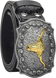 Western Cowboy Belt for Men and Women, Vintage Flower Engraved Bull Head Buckle, Cowgirl Waist Belt 