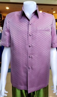 เสื้อผ้าไทยชาย ผ้าไหมแพรวา สีม่วง ผ้าไหมเทียม ผ้าลายไทย ผ้าไทย เสื้อผ้าไทย เสื้องานบวช เสื้องานแต่ง 