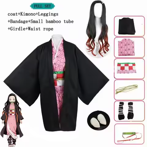 Anime Nezuko Cosplay Kamado Nezuko Cosplay Costume Nezuko Wig Uniform with Props for Adult Kids Hall