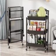 全城熱賣 - 【帶滾輪 】 三層可折疊廚房收納架 廚房小推車 戶外收納車 花園燒烤 小推車 多層收納 儲物 置物架