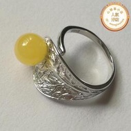 天然琥珀蜜蠟戒指戒指925銀鍍金鑲嵌雞油黃女款