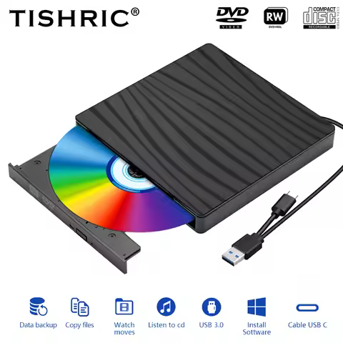 TISHRIC Type C USB 3.0 External CD And DVD Player RW DVD CD Writer Drive Burner Reader External DVD 