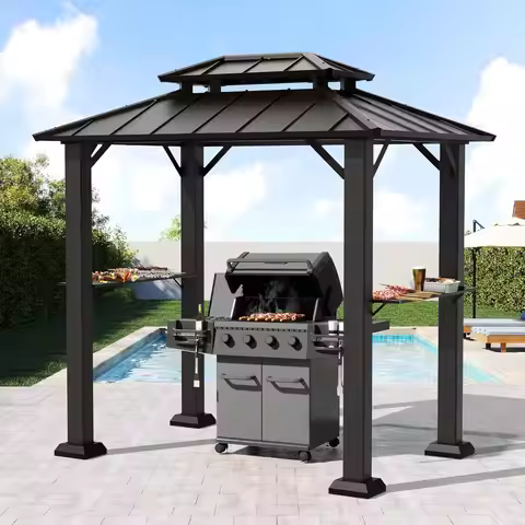 Outdoor Hardtop Gazebo with Galvanized Steel Double Roof BBQ Grill Canopy with Aluminum Frame, 2 Sid