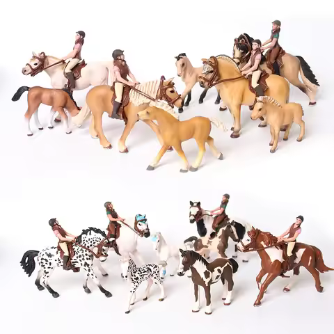 Realistic Pinto,Fjord,Hanoverian,Quart,Andalusian Riding Horse and Foals with Rider Equestrian Knigh