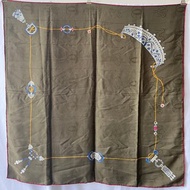 Cartier卡地亞墨綠色暗花珠寶暗紅色車邊絲巾圍巾 日本中古