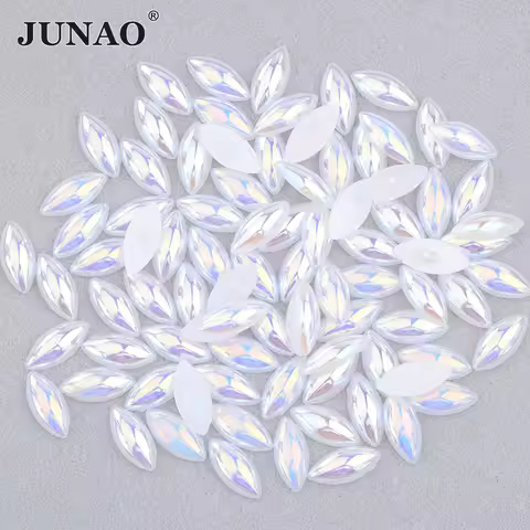JUNAO 5*10mm 7*15mm Jelly White AB Half Pearl Rhinestone Horse Eye Strass Crystal Flat Back Pearl St
