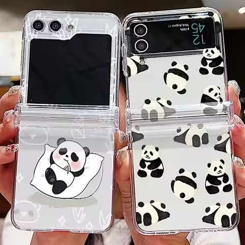Cartoon Panda Pattern Clear Case For Samsung Galaxy Z Flip7 FE Flip 7 6 5 4 3 Hard Folding Phone Cov