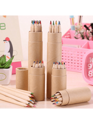 12pcs Wooden Barrel Mixed Color Pencils, Student Drawing & Graffiti Solid Color Colored Pencils, Dep
