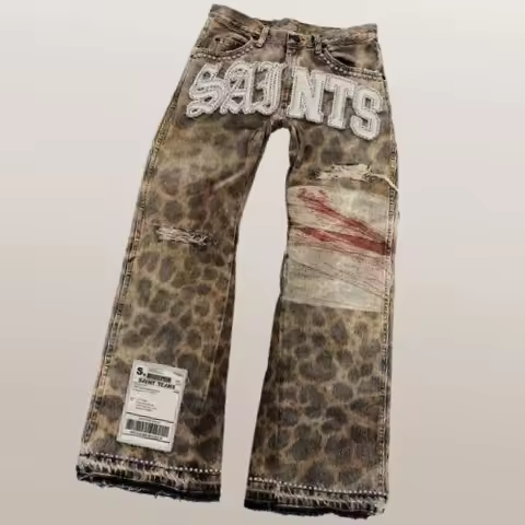 Streetwear Men Leopard Trend Print Harajuku Flared Jean Vintage Distressed Patchwork Letter Y2K Punk