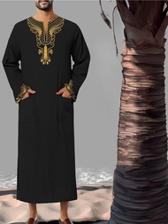 2024 Jubah Panjang Lengan Panjang Pakaian Lelaki Islam Arab Rentas Sempadan   Sulaman V Reka Bentuk Kolar   Jubah Panjang Boleh Bernafas Longgar  QQE85