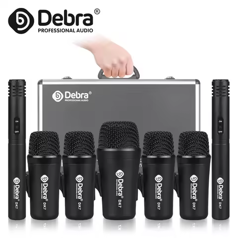 Debra DK7 Wired Drum Microphone Set - 7-Piece Dynamic Mics for Bass Drum, Snare, Toms & Cymbals - St
