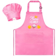 R HORSE Kid Apron and Chef Hat Set 2Pcs Adjustable Children Light Pink Kitchen Apron, Dress up Role 