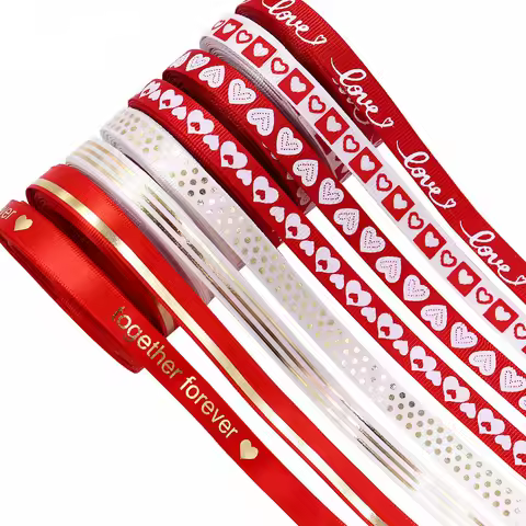 5Yards Red Love Printed Ribbon Wedding Tanabata Gift Wrap Rope Valentine's Day Red Jacquard Ribbon D