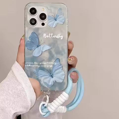 Fashion Laser Blue Butterfly Hang Strap Case For OPPO Reno 15F 13F 12F 11F 15 13 11 12 10 Pro 5G 7 4
