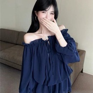 Aiyiyi Long-Sleeved Shirt Chiffon Flat Neck S-3XL French Scheming Slimmer Look One-Shoulder Gauze To
