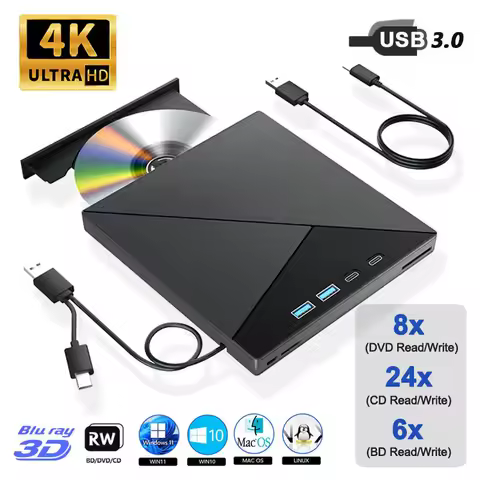 External 4K Blu ray Optical Drive Portable CD DVD +/-RW Player for Laptop PC Bluray Burner with USB 