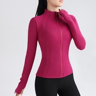 Gym Womens Full Zip Yoga Top With Thumbholes Fitness Running Jacket Stretch Fit Long Sleeve Round Ne