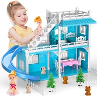 Dolls House Furniture Blue Girl Toys, 2 Stories 3 Rooms Dollshouse with 2 Princesses Slide Accessori