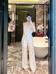 ทันสมัย ลูกไม้ Wrap เสื้อท่อนบน และขากว้าง กางเกง ชุดสองชิ้นสําหรับผู้หญิง ฤดูร้อน High End Feelings