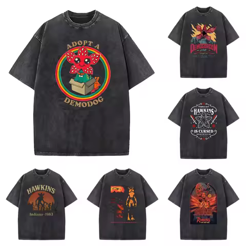 Demogorgon Hawkins Vintage Washed T Shirt Women Men Anime Cotton T Shirt Summer Harajuku Street Tops