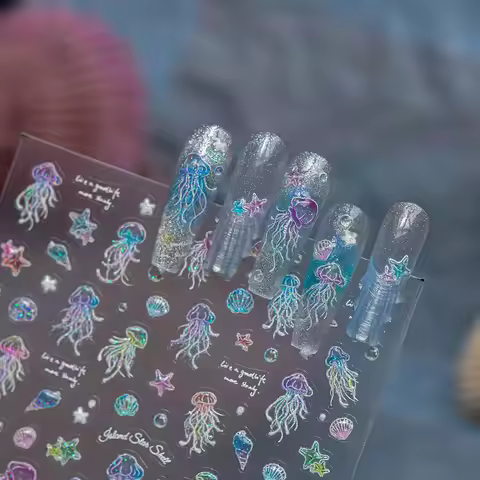 5D Rainbow Jellyfish Nail 3D Decorations Stickers Ocean Starfish Bubble Adhesive Nail Art Sticker DI