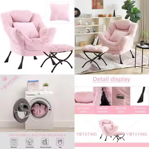 Modern Comfortable Reading Lounge Chair with Ottoman, Armrests, Side Pocket and Throw Pillow for Liv