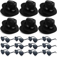 Sureio 12 Pieces Gangster Hat with 12 Pairs Heart Shaped Glasses, Plastic Gentlemen Hats, Gangster C