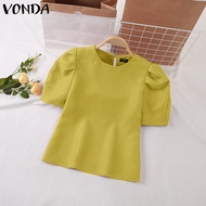 เสื้อแขนพองเสื้อยืดคอกลมหรูหราของผู้หญิง VONDA เสื้อเสื้อสตรีผ้าทออารมณ์สีพื้น (ลำลองเกาหลี) #2