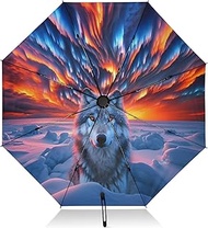 Aurora and Wolf Compact Umbrella, Lightweight Portable Auto Open Close for Women, Travel Umbrellas f