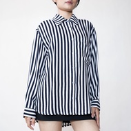 KEMEJA Cambly White Navy Oversized Stripe Shirt - Women's Long Sleeve Shirt