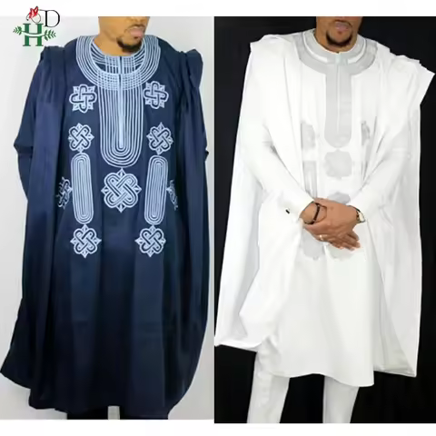 H&D African Suit For Men Robe Shirt Pants Set Long Sleeve Tops Embroidery Agbada Clothes Boubou Afri