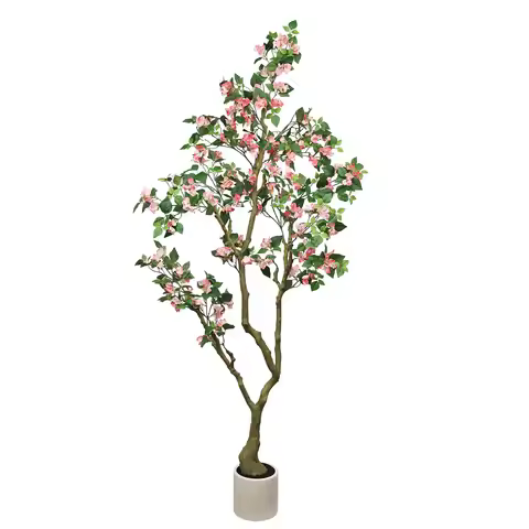7FT Artificial Bougainvillea Tree with Pink Silk Flowers, Tall Faux Plant in White Basin, Adjustable