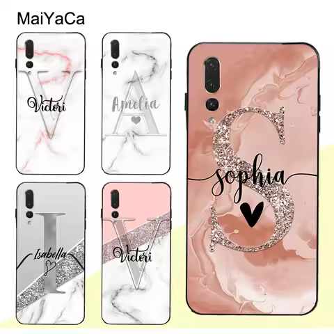 Glitter Rose Gold Marble Custom Name Initials Case For Huawei P20 P30 Pro P40 P10 Lite Mate 30 20 10