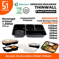 Delkochoice Premium Food Container 1250ml Black Rectangle 4 Compartments THINWALL Plastic Container 
