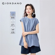 GIORDANO Women Blouses Linen Cotton Pleated Crewneck Blouses Cap Sleeve Mid Length Stripe Simple Fas