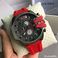 Diesel迪賽手錶 CHIEF軍官系列 三眼計時腕錶 DZ4427 紅色橡膠錶帶石英錶 日曆防水手錶 大直徑休閒運動男錶 男士石英錶