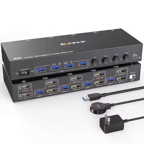 KCEVE KVM Switch 4 Computer 2 Monitors Displayport USB 3.0 KVM Switcher Supports 4K@60Hz for 4 DP Co