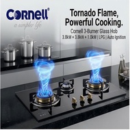 Cornell 2/3 Burner Glass Hob Tornado Flame LPG Auto Ignition Black CBH-G7802TN / CBH-G7803TNC
